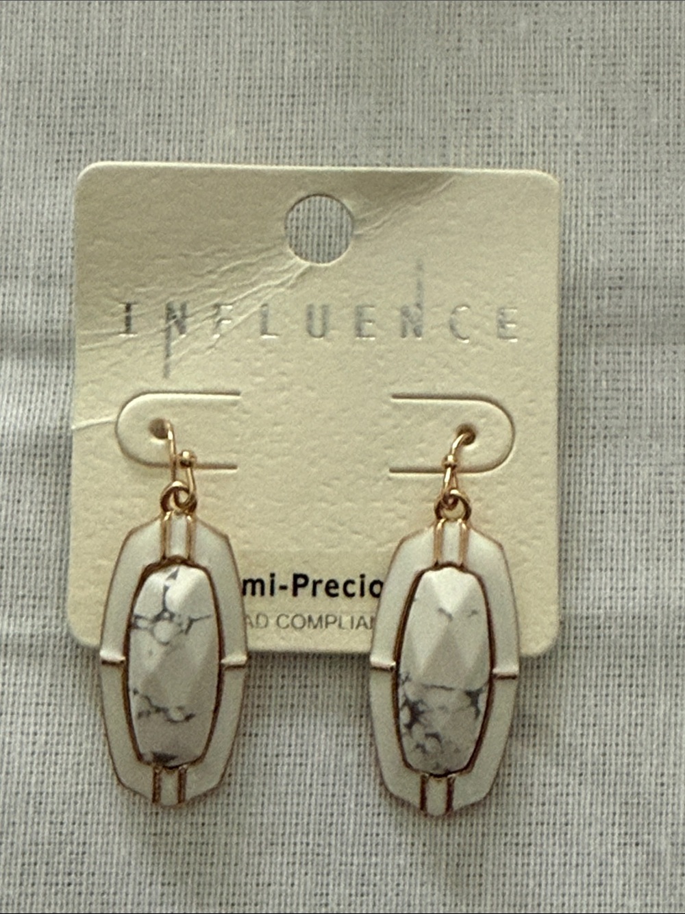 White Marble Drop Earrings - Gold Trim